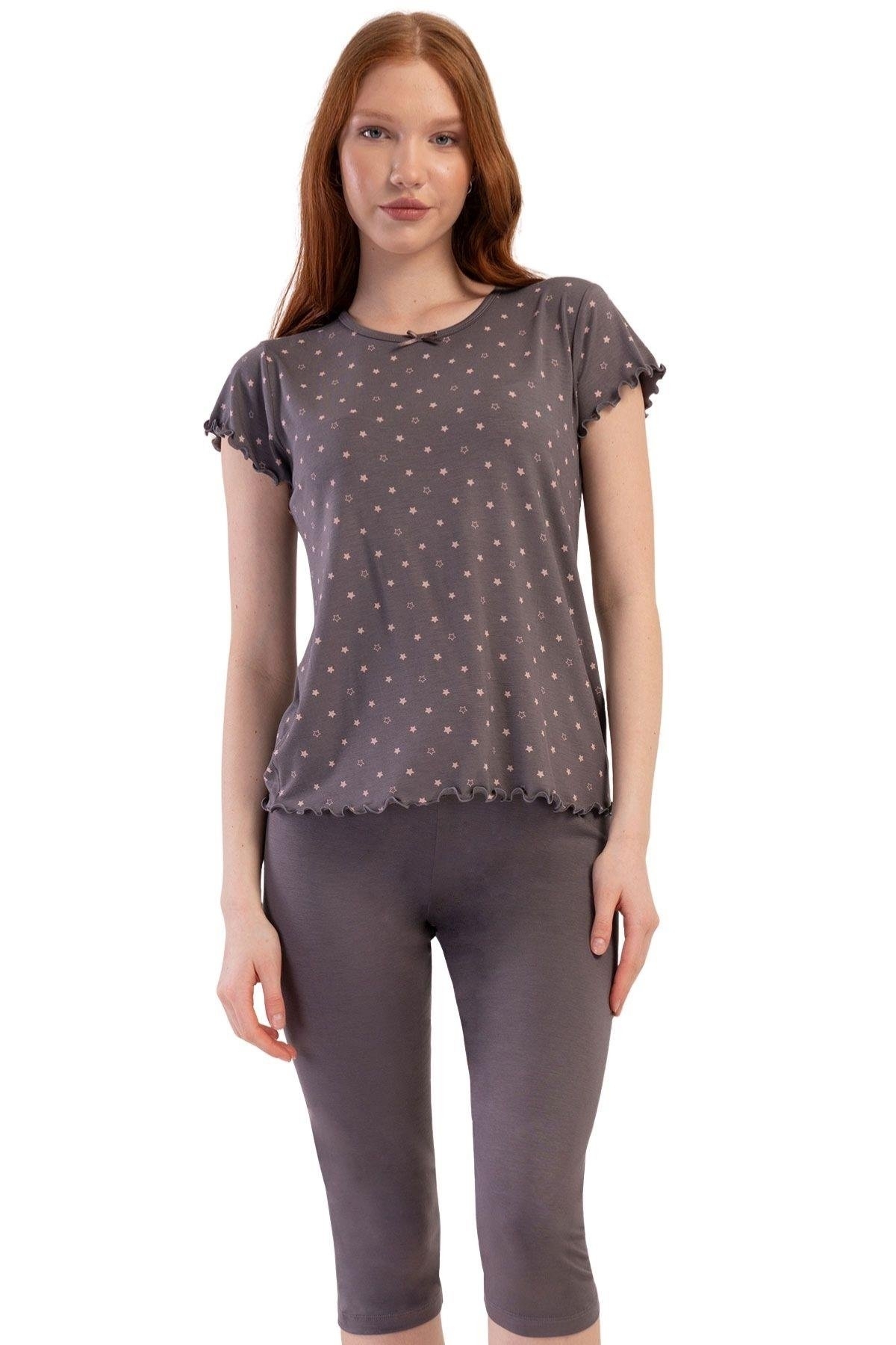 Likralı Viskon Kayık Yaka Kısa Kol Kapri Pijama Takımı Vienetta 409288 - Füme