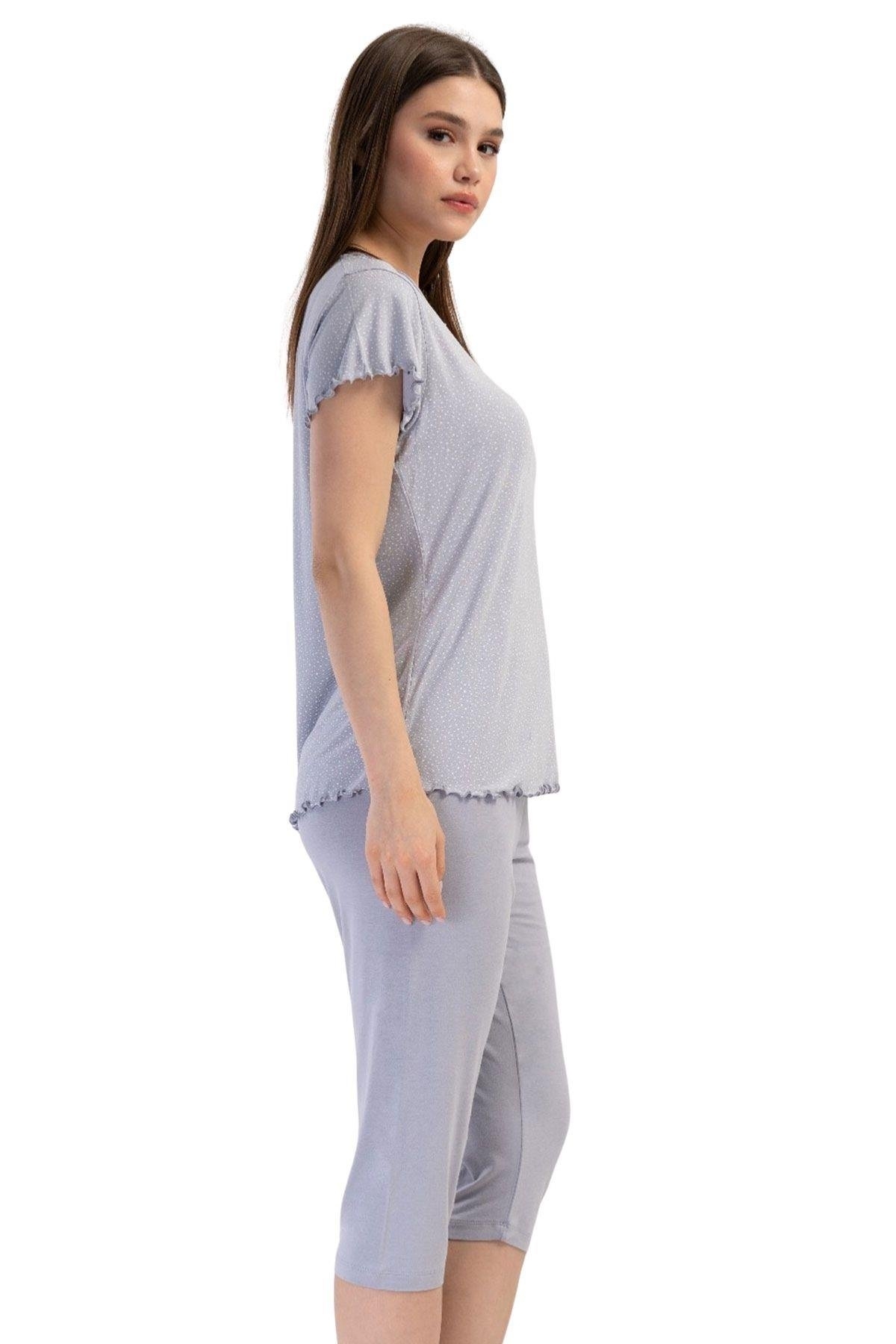 Likralı Viskon V Yaka Kısa Kol Eteği Oval Kapri Takım Vienetta 409306 - Gri