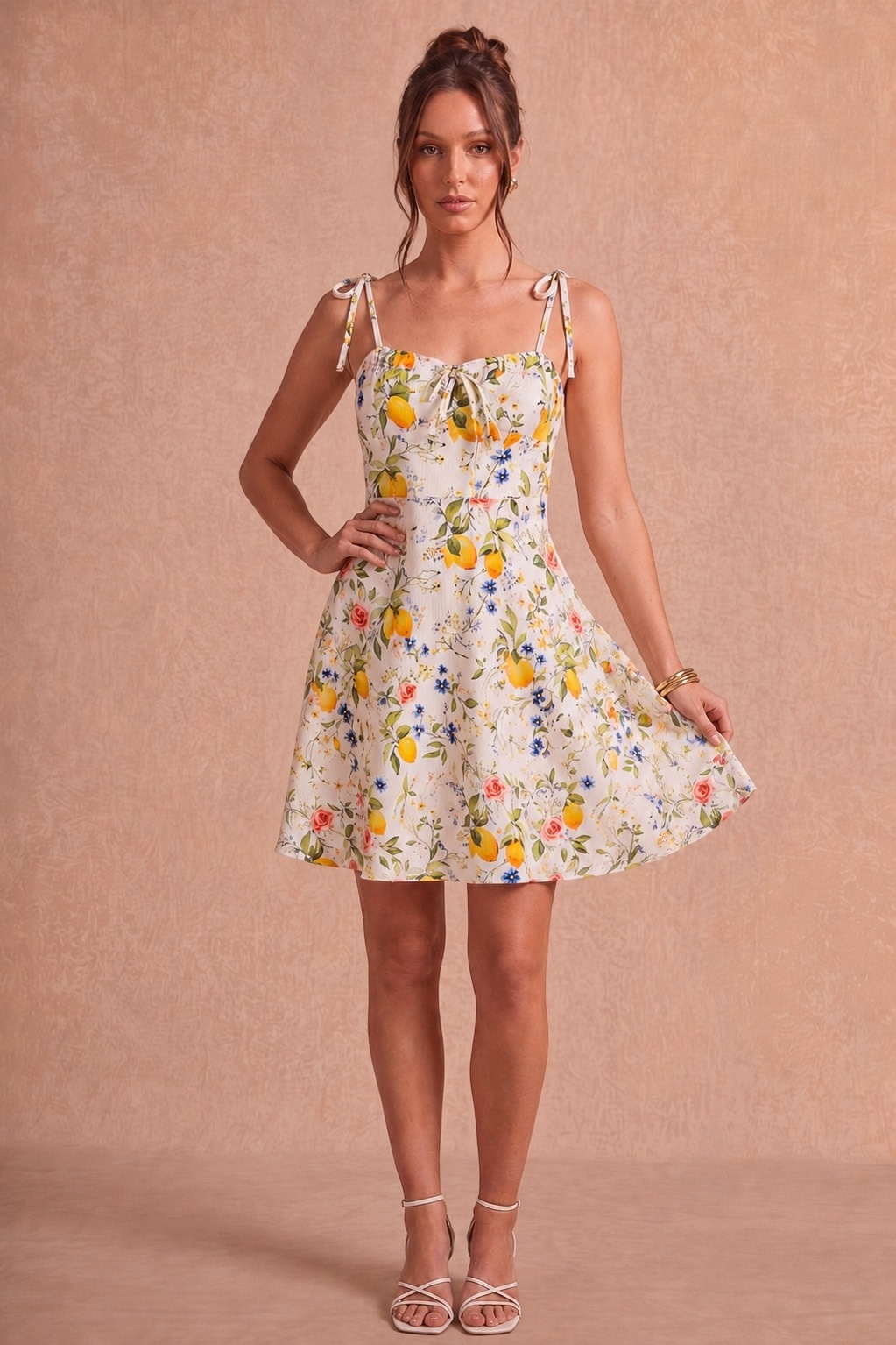 Limonlu Çiçekli Fiyonklu Askılı Kısa Elbise Bella Notte E-5598 - Sarı