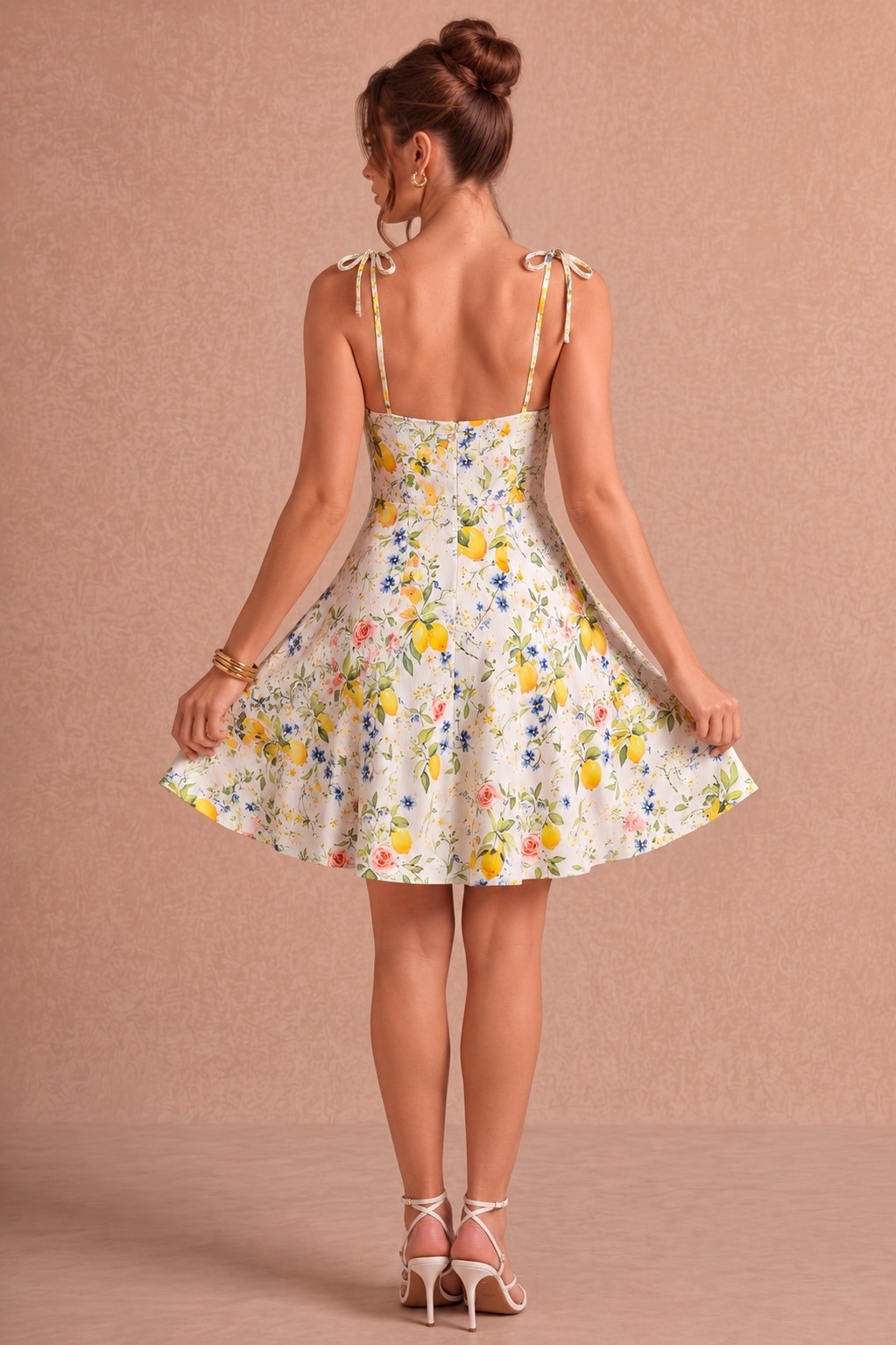 Limonlu Çiçekli Fiyonklu Askılı Kısa Elbise Bella Notte E-5598 - Sarı