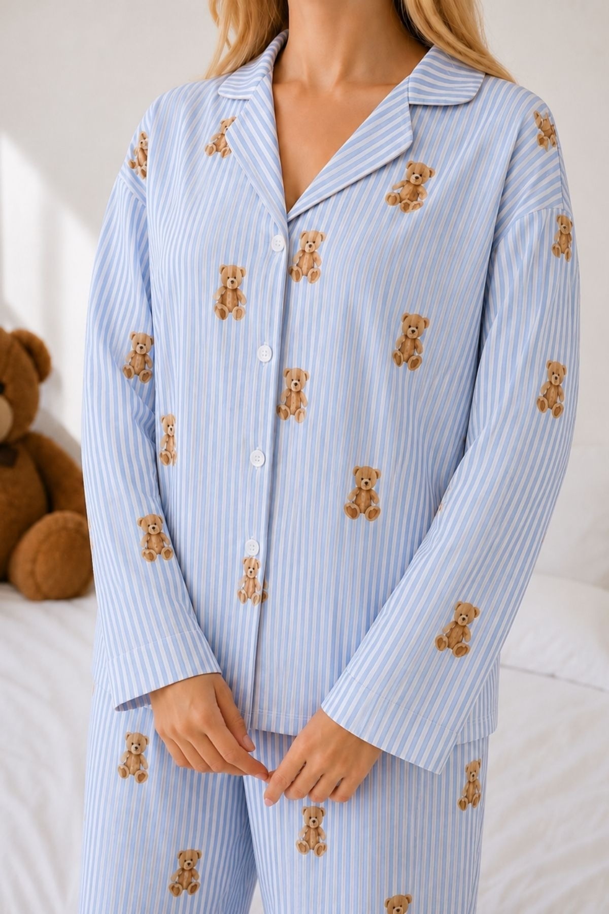 Mavi Çizgili Ayıcık Desenli Gömlek Yaka Düğmeli Uzun Kollu Kadın Pijama Takımı Bella Notte 61317 - Mavi