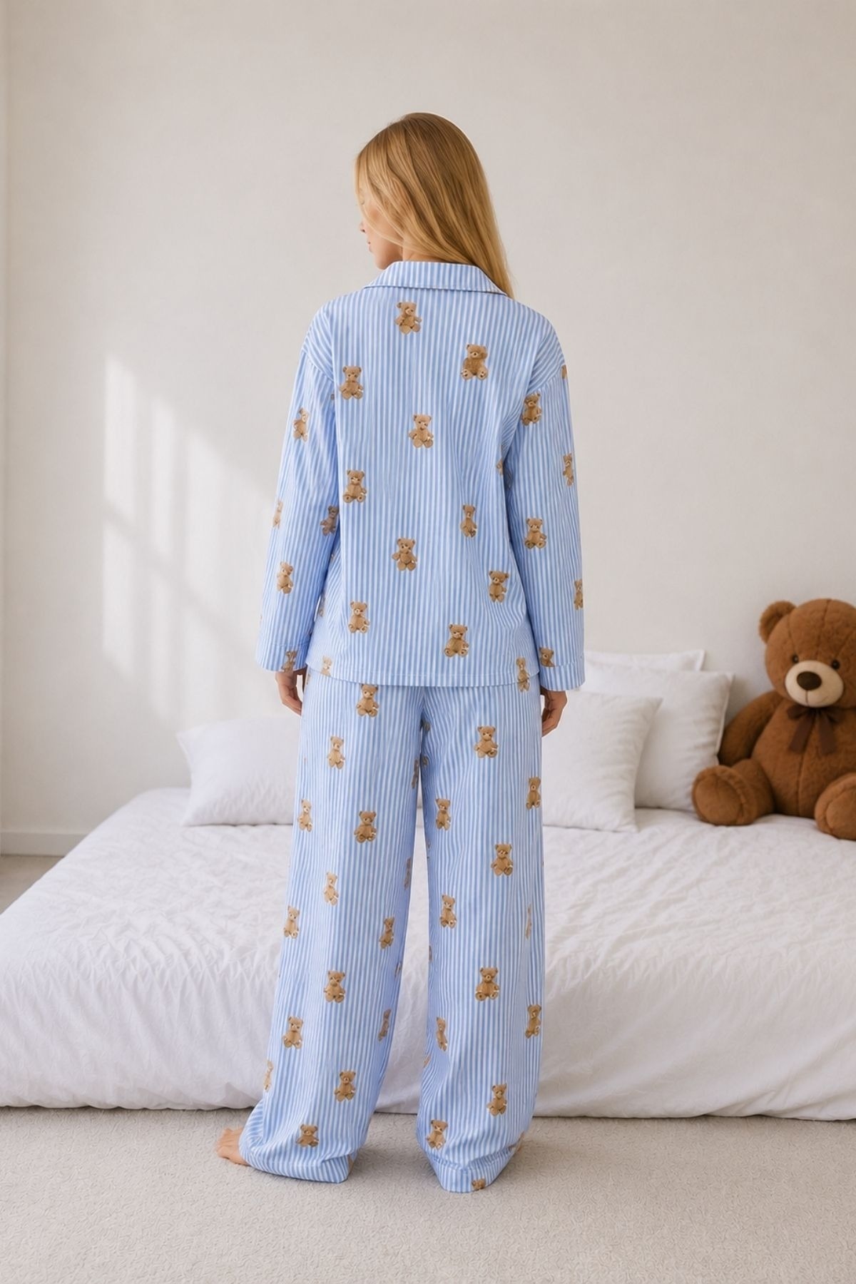 Mavi Çizgili Ayıcık Desenli Gömlek Yaka Düğmeli Uzun Kollu Kadın Pijama Takımı Bella Notte 61317 - Mavi