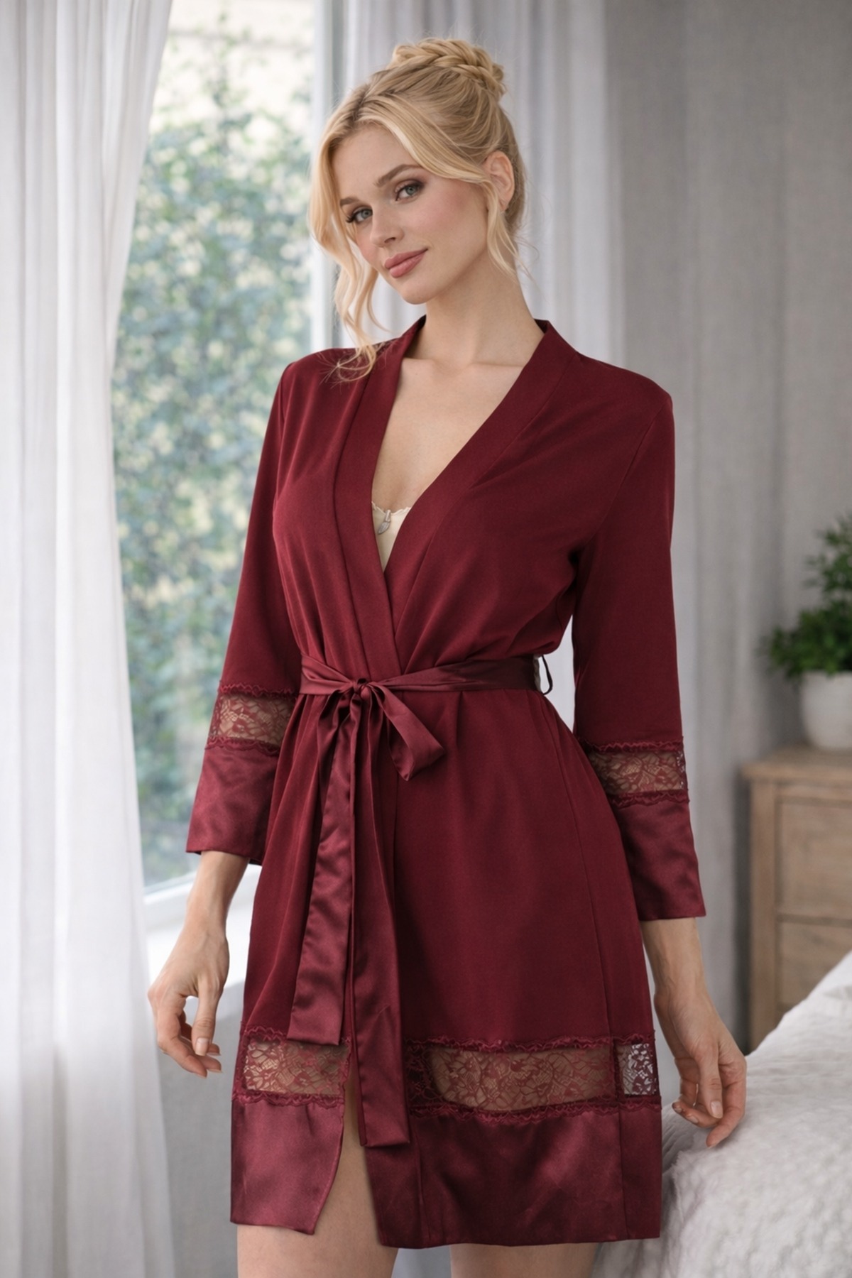 Miorre Dantelli Penye Sabahlık - Bordo