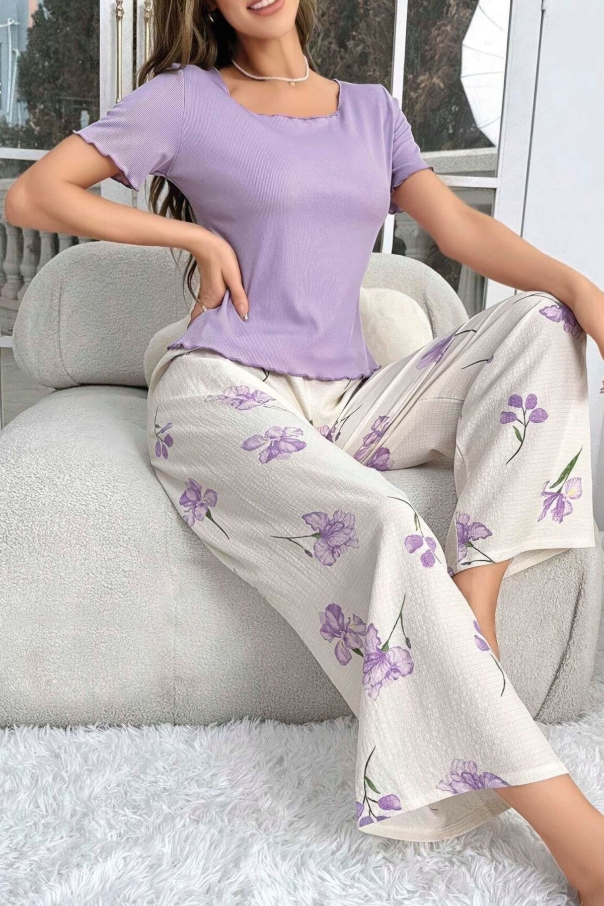 Pamuklu Uzun Pijama Takımı Mor Çiçek Desenli Ruselin 5133 - Mor