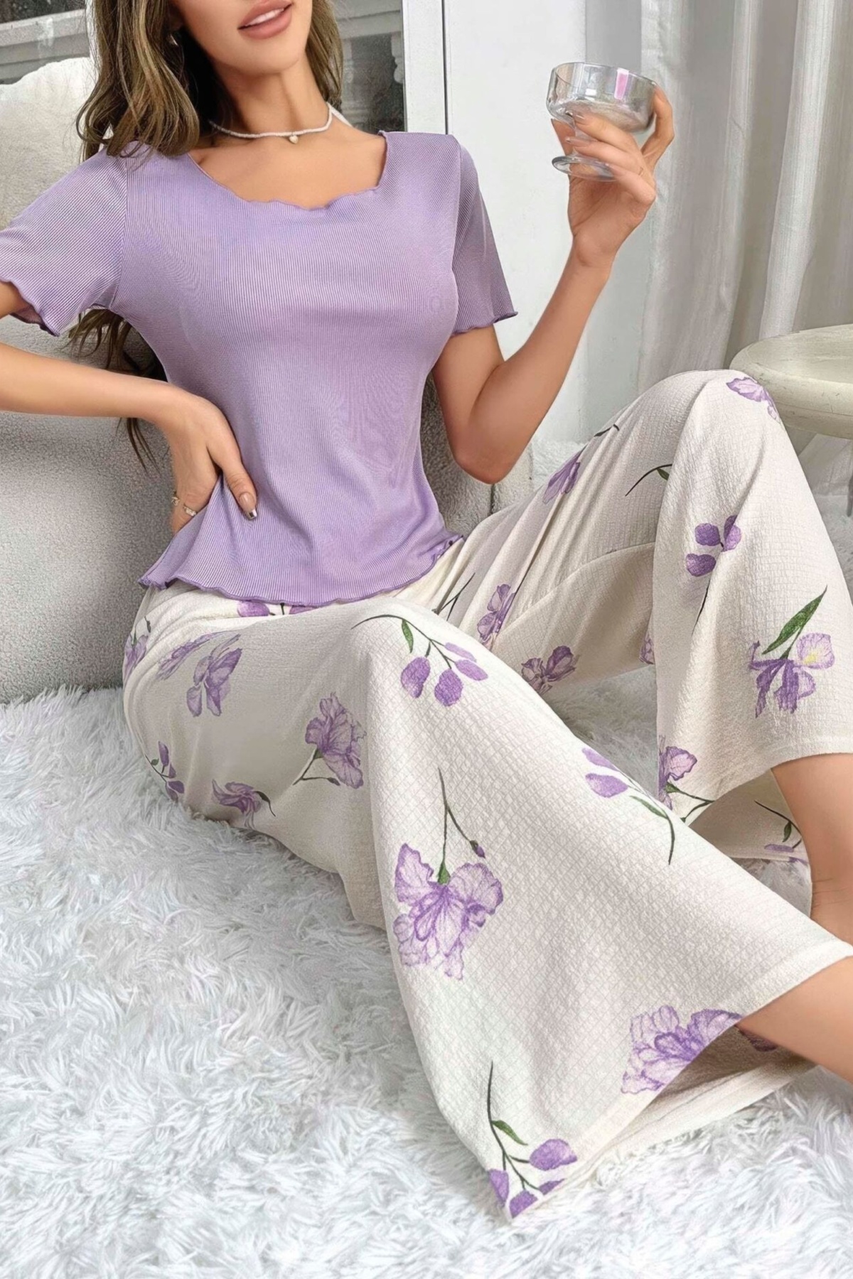 Pamuklu Uzun Pijama Takımı Mor Çiçek Desenli Ruselin 5133 - Mor