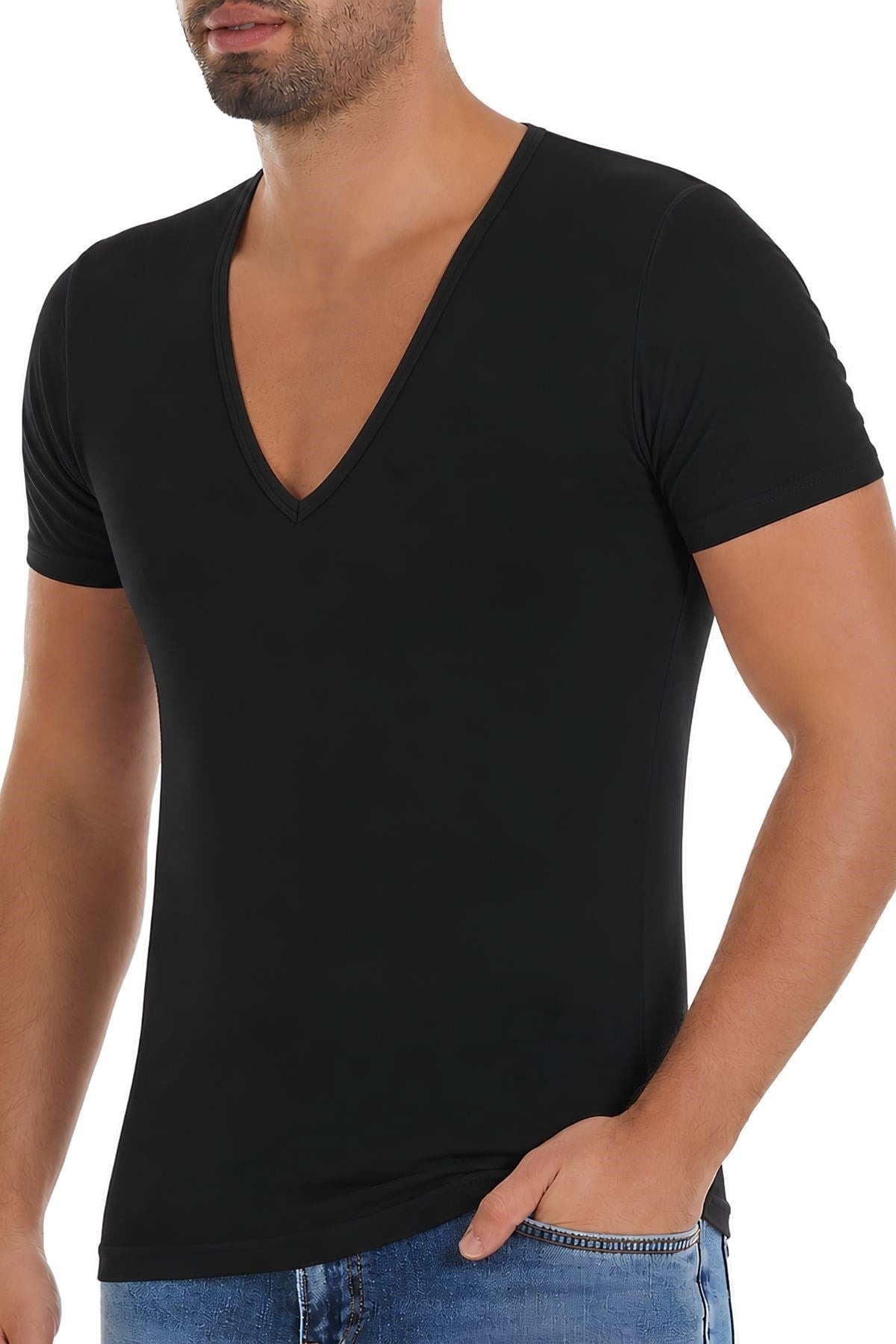 Pamuklu Derin V Yaka Erkek T-Shirt Siyah Yıldız 356 - Siyah