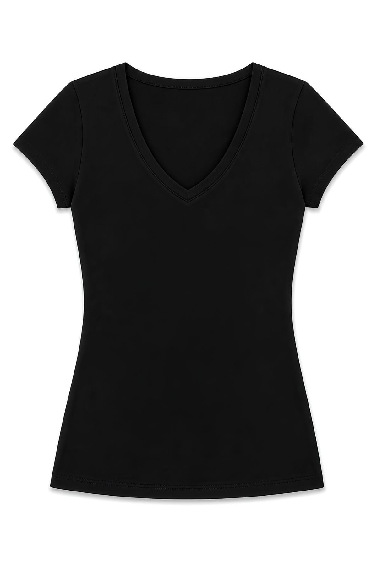 Pamuklu Likralı V Yaka Kısa Kol Kadın T-Shirt Siyah Yıldız 2371 - Siyah