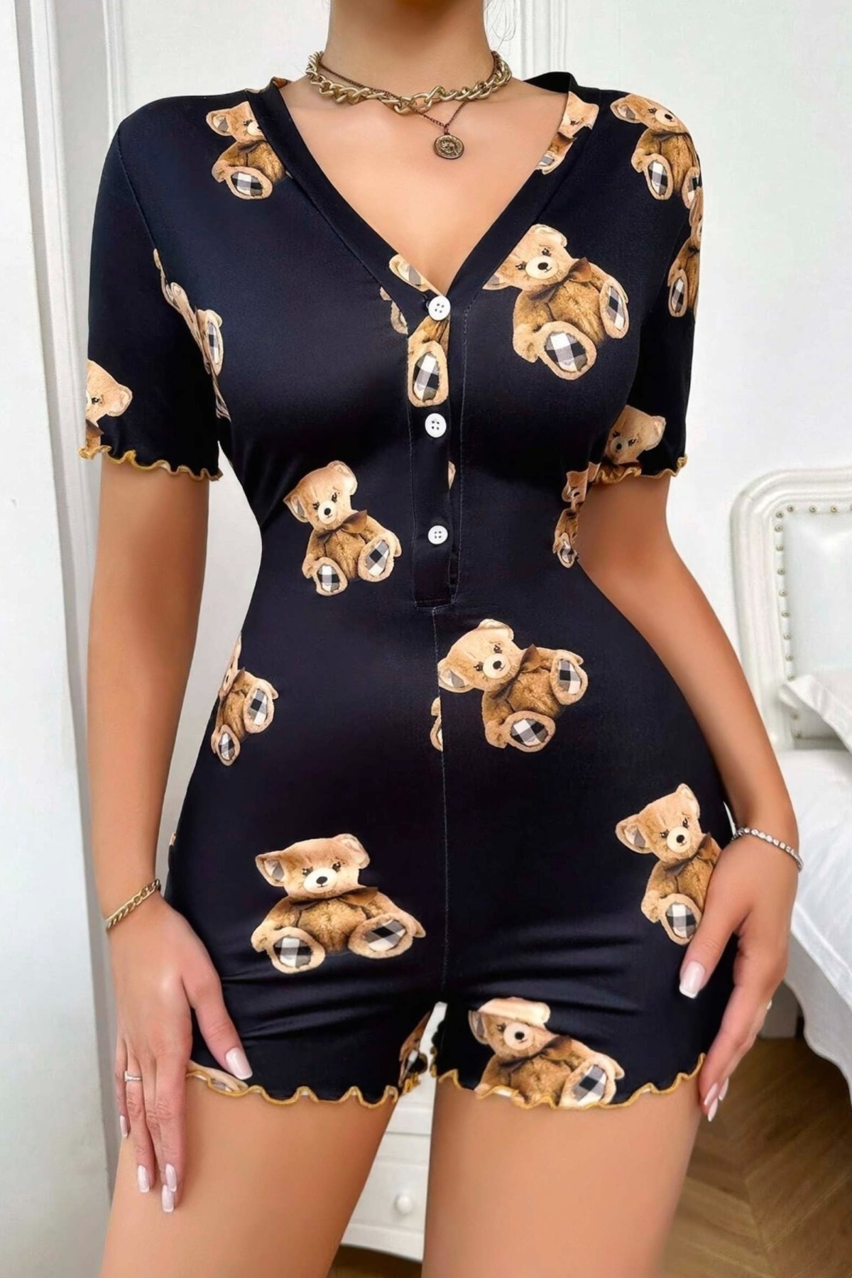 Pamuklu Siyah Ayıcık Desenli Düğmeli Tulum Pijama Ruselin 5105 - Siyah