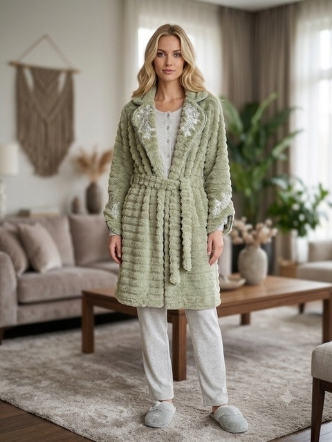 Peluş Hamile Lohusa 3'lü Pijama Takımı Bone Club 6106 - Yeşil