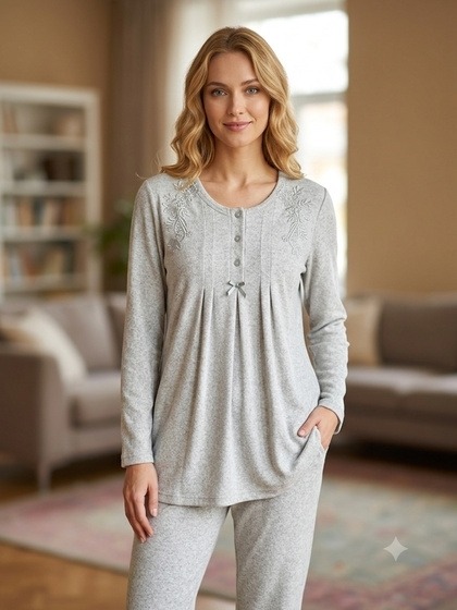 Bone Club Peluş Hamile Lohusa 3'lü Pijama Takımı Bone Club 6106 - Görsel 4
