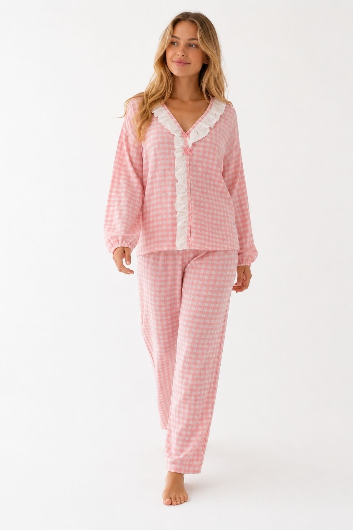 Pembe Beyaz Pötikare Fisto Fırfır Detaylı Uzun Kollu Pijama Takımı Bella Notte 61249 - Pembe