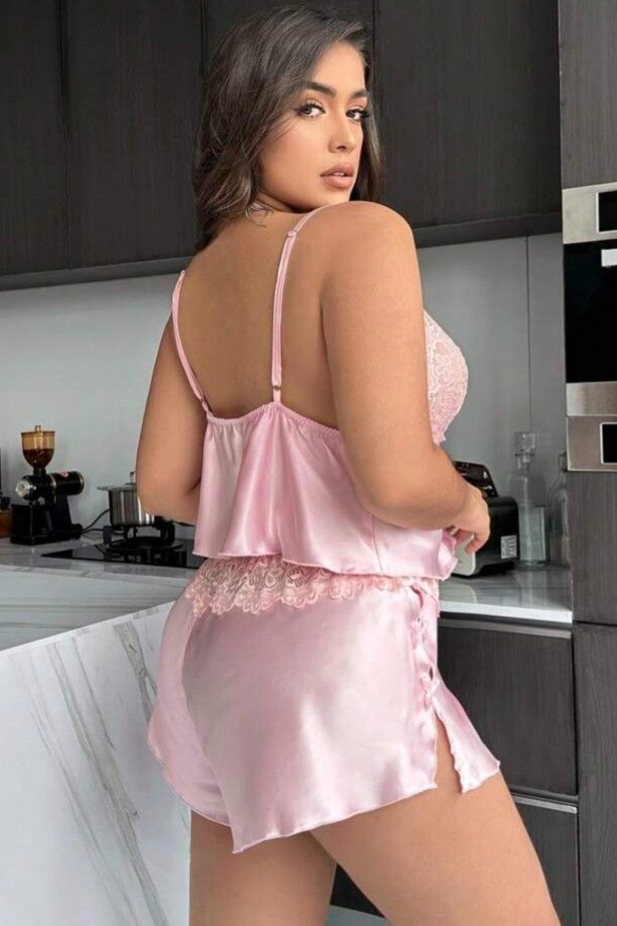 Leopard Desenli Dantelli Büyük Beden Kadın Şort Takım Real Passione 10004 - Pembe