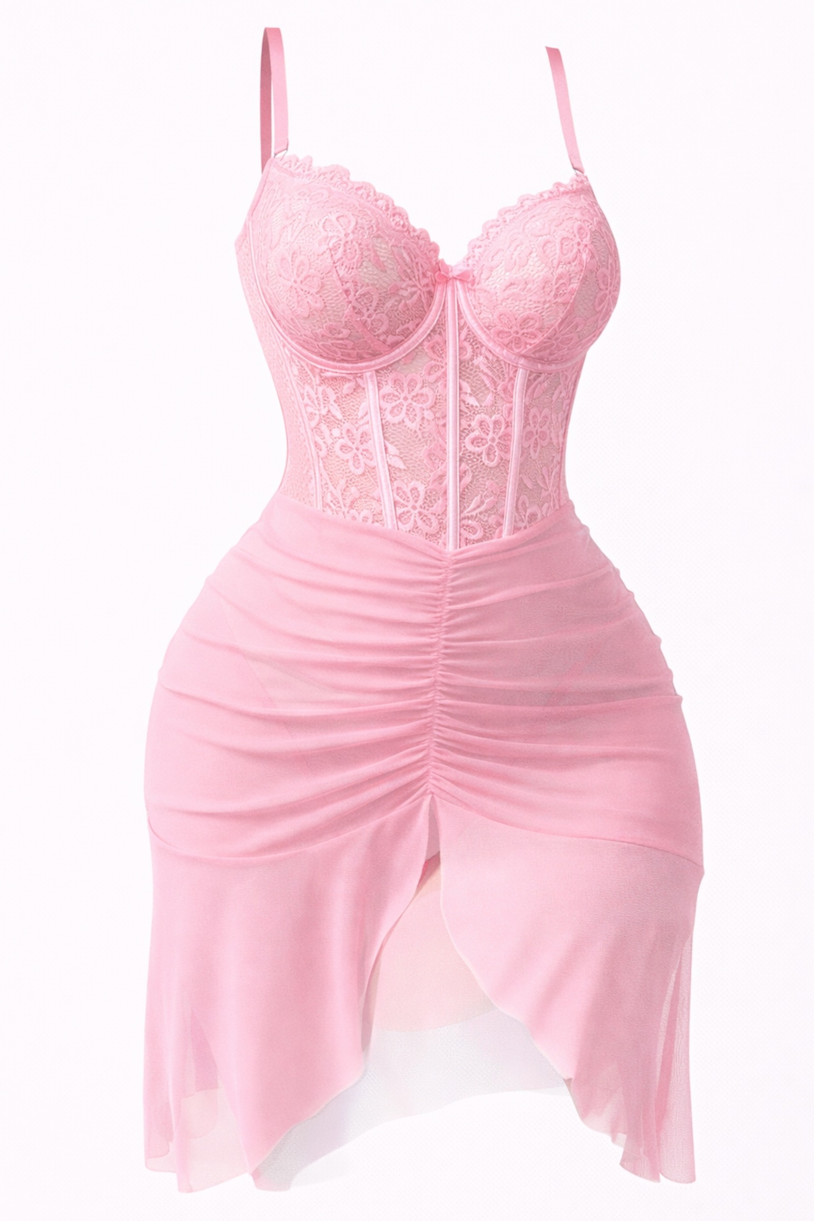 Pembe Dantelli Korse Görünümlü Yırtmaçlı Tül Kadın Gecelik Real Passione 4089 - Pembe