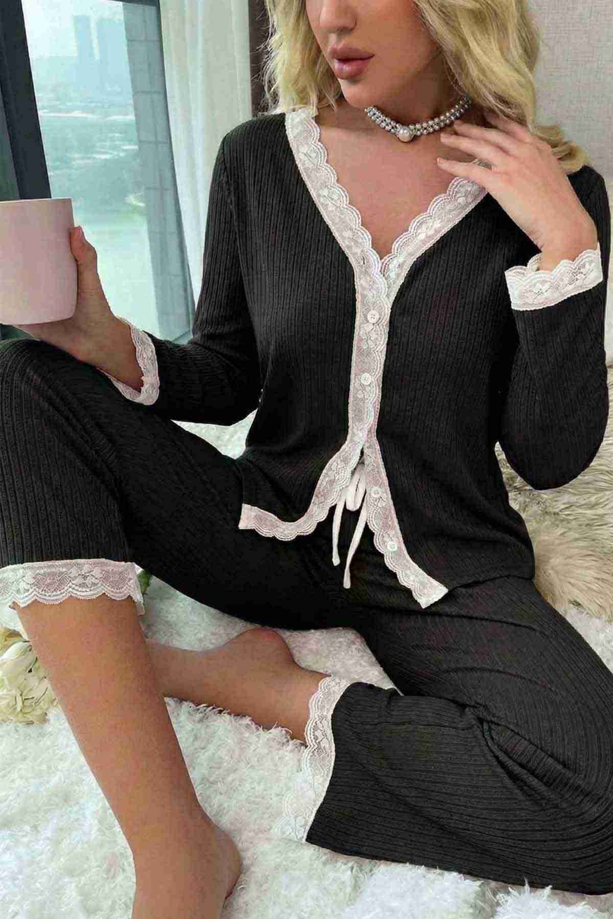 Ribanalı Dantel Detay İki Parça Pijama Takım Merry See MS4436 Siyah - Siyah