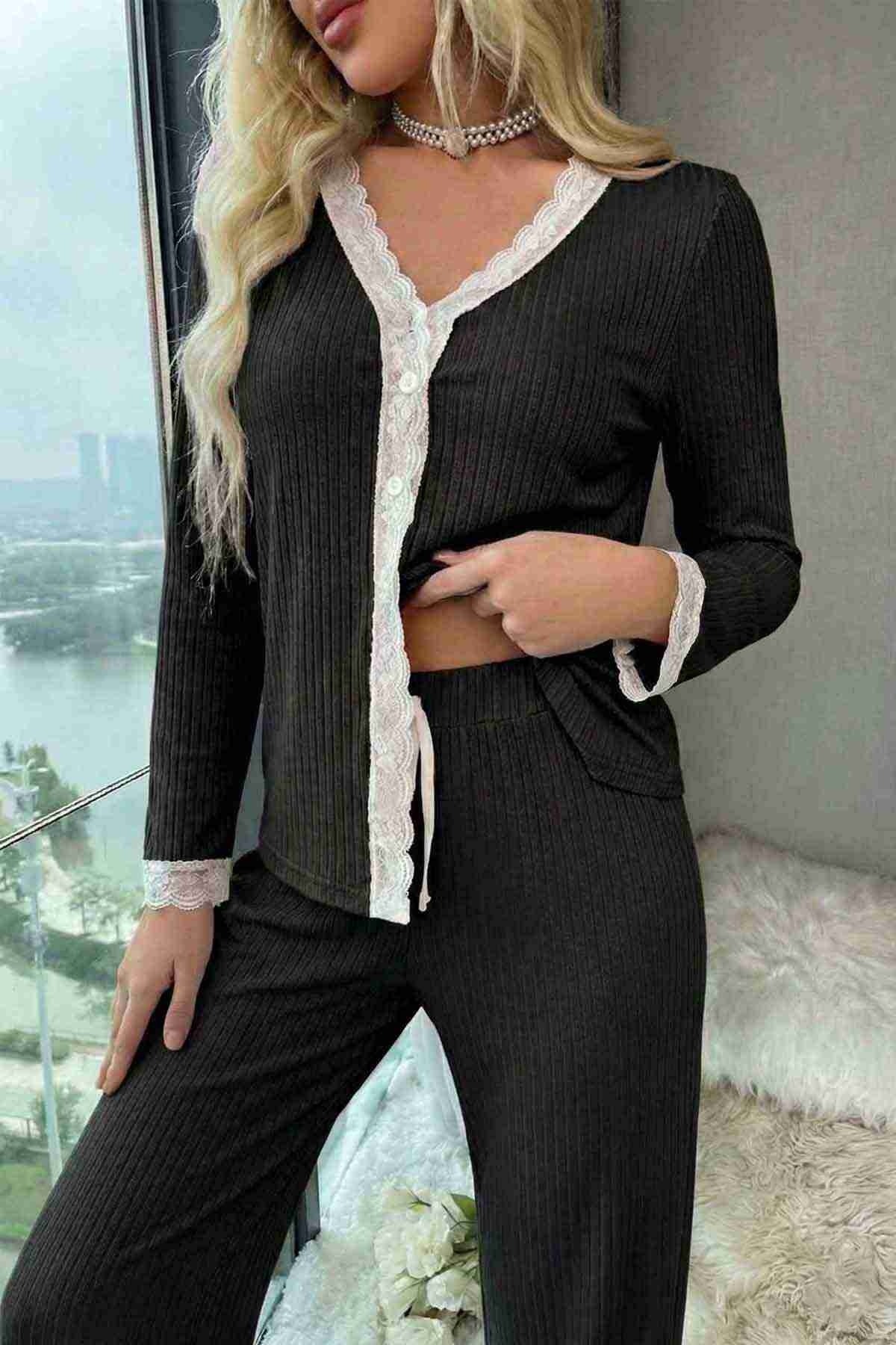 Ribanalı Dantel Detay İki Parça Pijama Takım Merry See MS4436 Siyah - Siyah