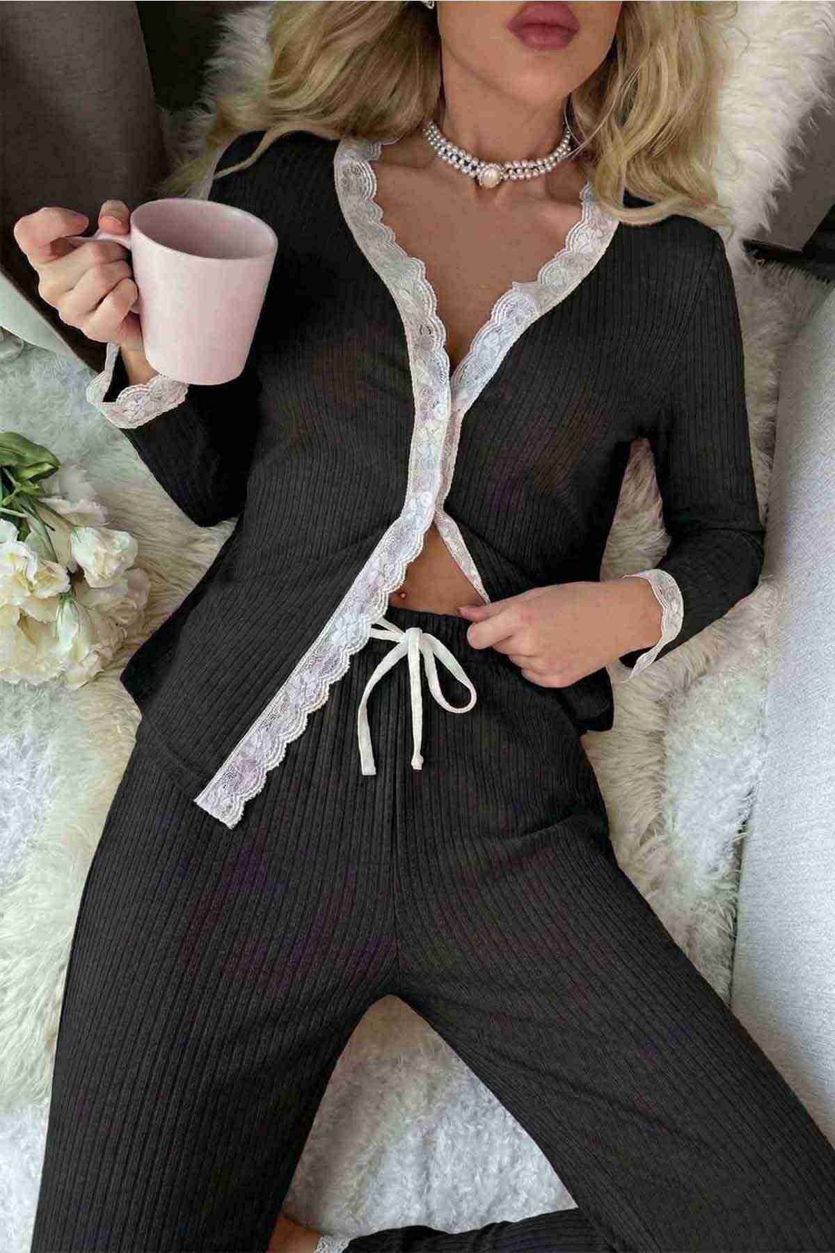 Ribanalı Dantel Detay İki Parça Pijama Takım Merry See MS4436 Siyah - Siyah