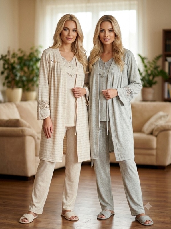 Bone Club Simli Hamile Lohusa 3'lü Pijama Takımı Bone Club 6307 - Görsel 2