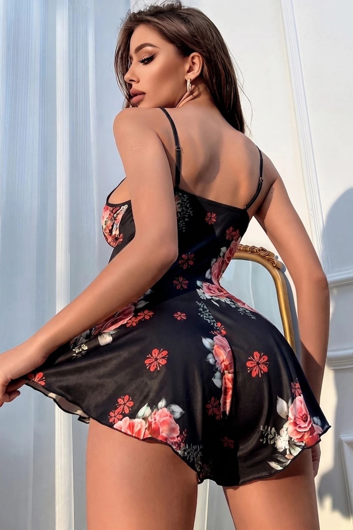 Siyah Çiçek Desenli Dantel ve Kurdele Detaylı Transparan Tulum Gecelik Bella Notte 36171 - Siyah