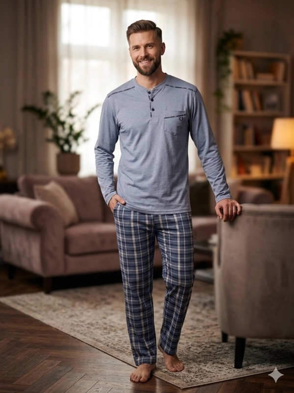 Süprem Ekose Erkek Pijama Takımı Bone Club 6370 - Mavi