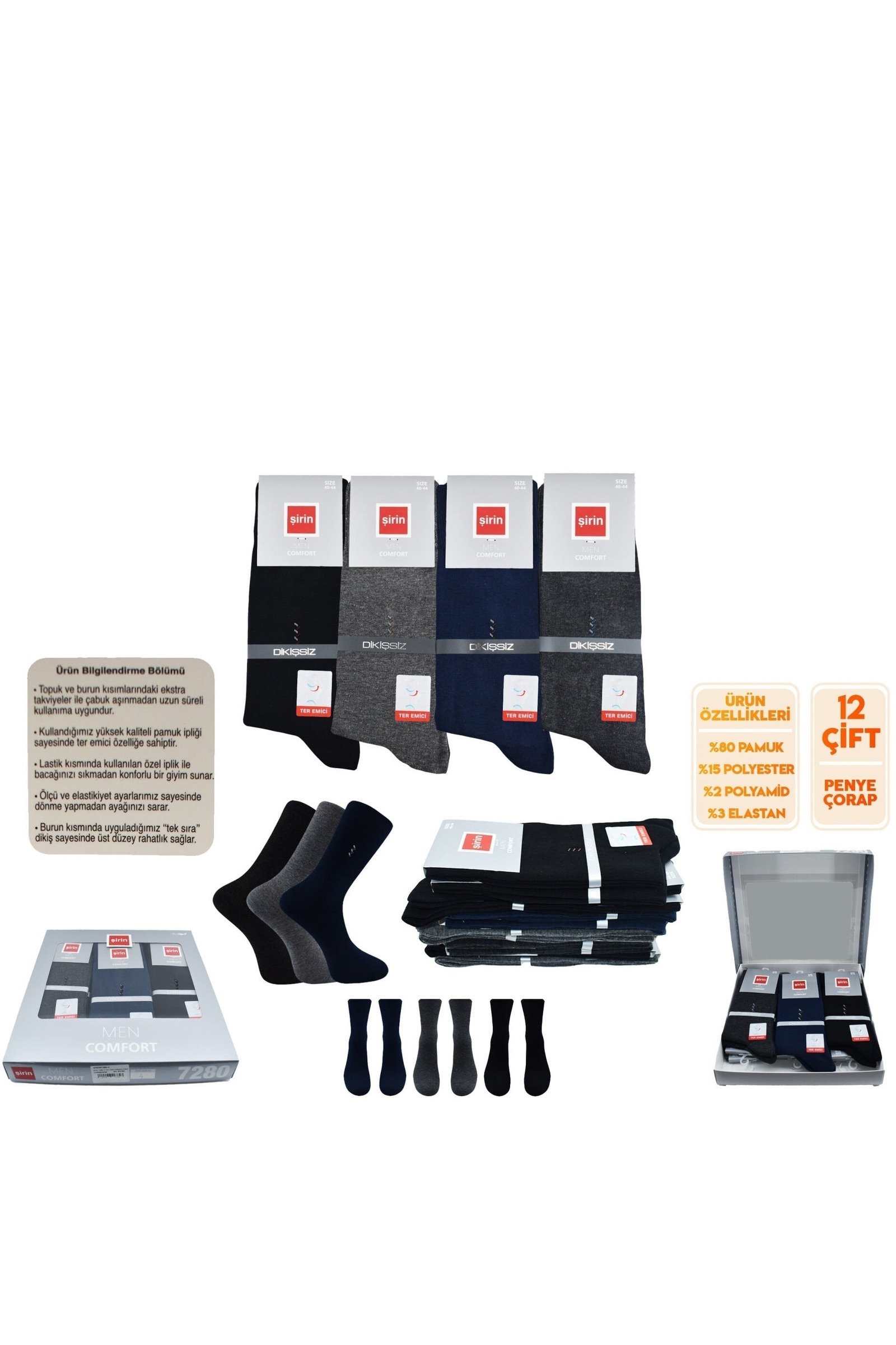 Ter Emici Dikişsiz Erkek Soket Çorap 12'li Şirin 7280-5 - Asorti