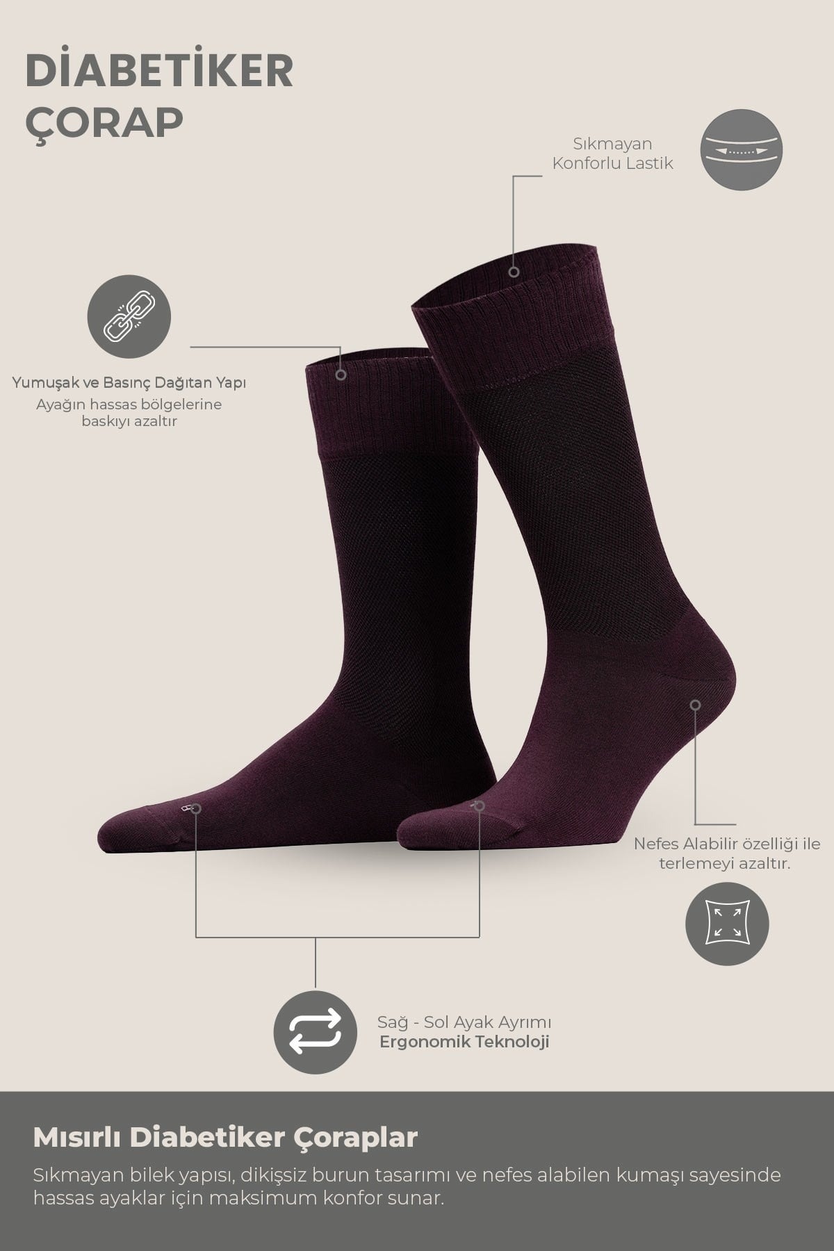 Unisex Diyabetik Bambu Soket Çorap Mısırlı UMDK000021 - Siyah