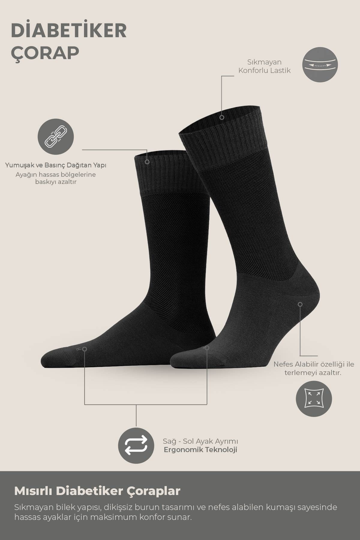 Unisex Diyabetik Bambu Soket Çorap Mısırlı UMDK000021 - Siyah