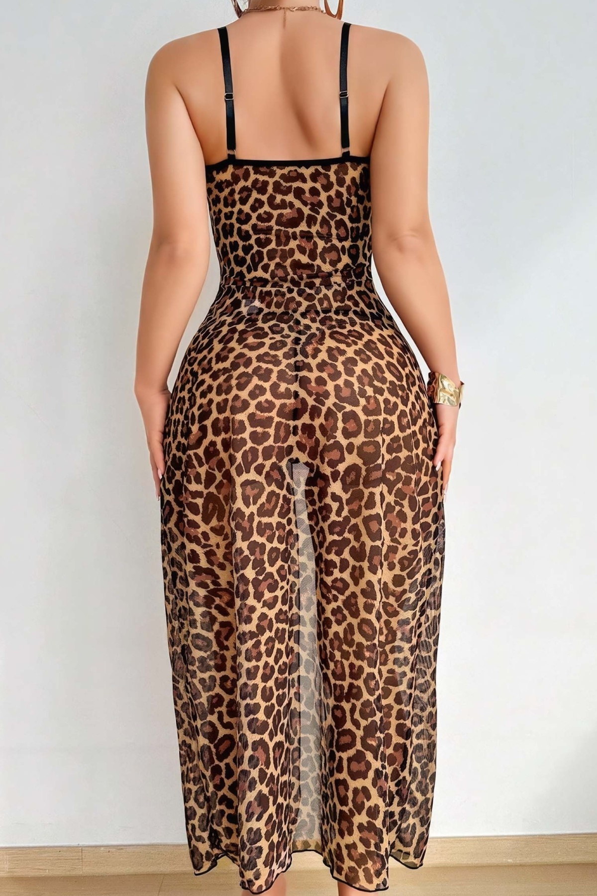 Uzun Derin Dekolteli Leopar Body Lily Bianca 255 - Siyah