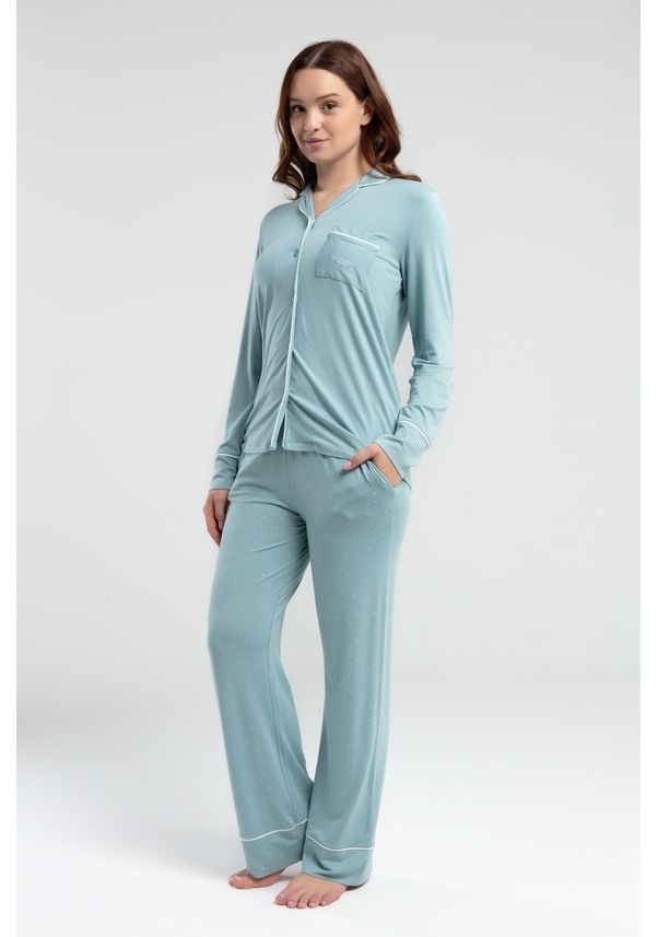 Önden Düğmeli Uzun Kol Mint Kadın Pijama Takımı Derya Kurşun 8986 - Mint