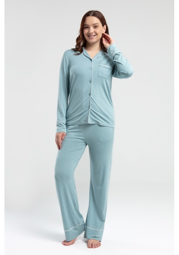 Önden Düğmeli Uzun Kol Mint Kadın Pijama Takımı Derya Kurşun 8986 - Mint
