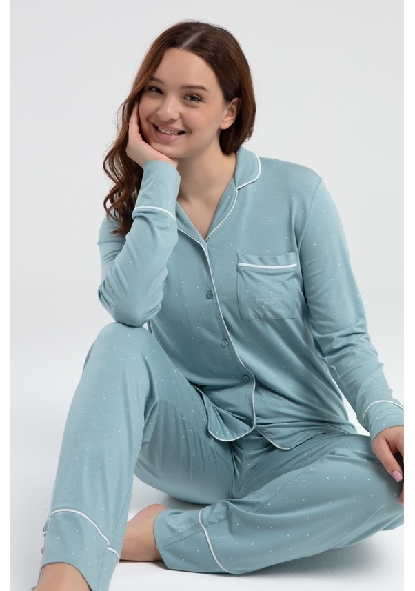 Önden Düğmeli Uzun Kol Mint Kadın Pijama Takımı Derya Kurşun 8986 - Mint