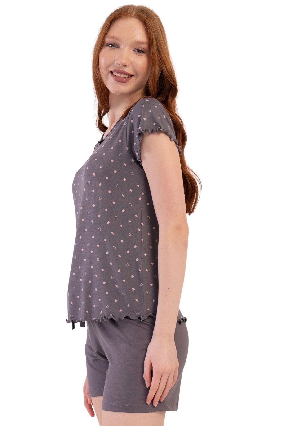 Viskon Şortlu Kısa Kol Pijama Takımı Vienetta 409290 - Füme