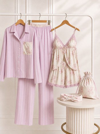 6 Parça Viskon Dokuma Floral Bridal Homewear Set Bella Notte BNL-PJ-2601