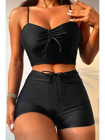 Önden Ayarlı Büzgülü Deniz Şortlu Tankini Bikini Takım Siyah Angelsin MS4332