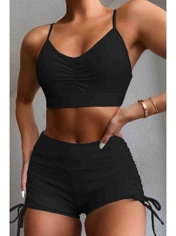 Yanlardan Ayarlı Büzgülü Deniz Şortlu Tankini Bikini Takım Siyah Angelsin MS4330-Siyah