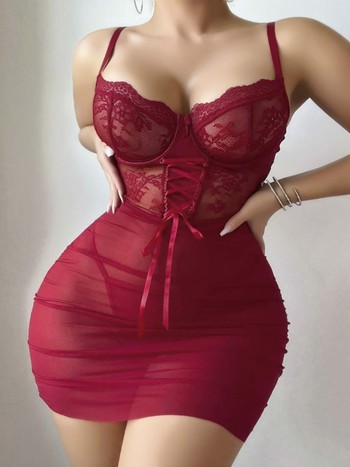 Bordo Dantelli Korse Bağcıklı Tül Fantezi Gecelik Real Passione 4086