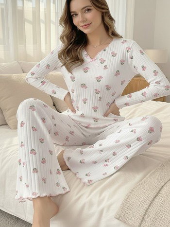 Ekru Minimal Lale Desenli Fiyonk Detaylı V Yaka Pijama Takımı Bella Notte 77359