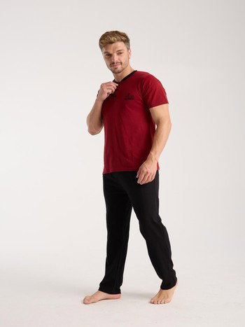 Erkek Bordo Düğmeli Yaka Kısa Kollu Pijama Takımı Akbeniz 6877
