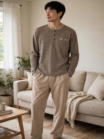 Erkek Kazayağı Desen Patlı Bej Pijama Takımı Çift Kaplan 8209