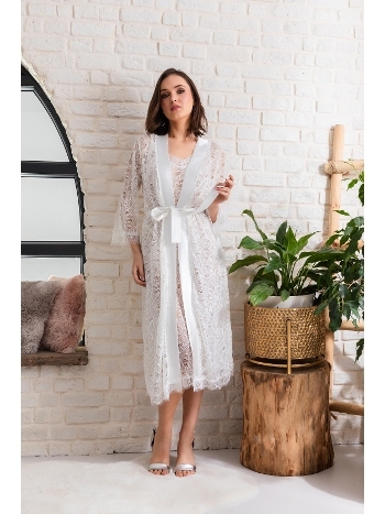 Gelin Set Transparan Midi Boy Kuşakli Sabahlik Ekru Gallipoli 12176