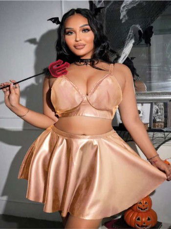 Gold Büyük Beden Parlak Saten Kloş Etekli Fantezi Takım Real Passione 40023