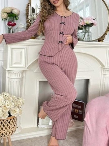 Gül Kurusu Pamuklu Fiyonk Detaylı Uzun Kollu Pijama Takımı Bella Notte 77121