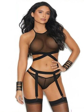 Halter Yaka Derin V Dekolteli Kuşaklı Siyah Mini Elbise For Dreams 8640
