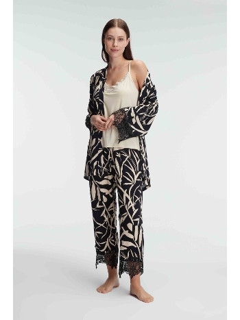 İp Askılı V Yaka Kadın Viskon Tropikal Yazlık Örme Dantel Detaylı Pijama Takımı Sabahlık Anıl 5823