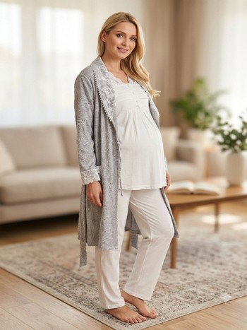 Jakar Desenli Hamile Lohusa 3'lü Pijama Takımı Bone Club 6304