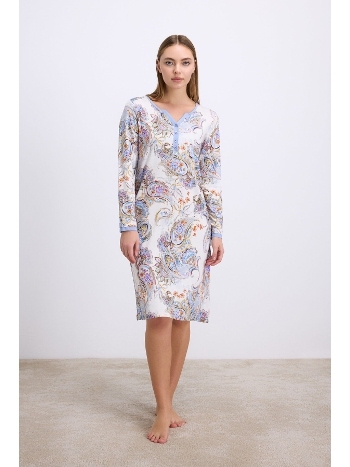 Kadın Desenli Uzun Kollu Viskon Gecelik – Düğme Detaylı, Yumuşak ve Nefes Alabilen Kumaş Anıl 11570