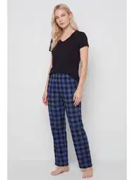 Pamuklu Ekoseli Mavi Kadın Pijama Takımı Türen 3618