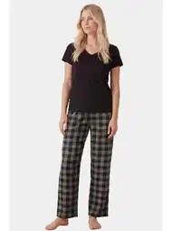 Pamuklu Ekoseli Yeşil Kadın Pijama Takımı Türen 3618