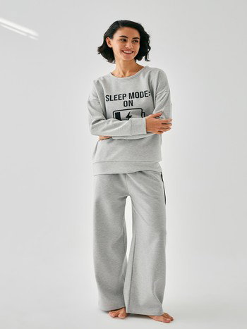Kadın Gri Sleep Mode On Baskılı Oversize 2 İplik Eşofman Takımı Akbeniz B3333
