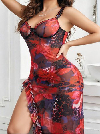 Kırmızı Şeffaf Tül Desenli Bacak Yırtmaçlı İp Askılı Gecelik Lily Bianca LB-326