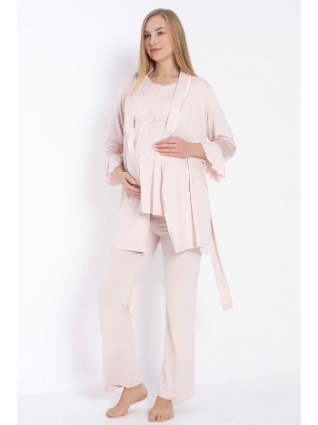 Kısa Kol Bisiklet Yaka Kadın Viskon Dantel Detaylı Hamile Pijama Takımı Sabahlık Anıl 11314